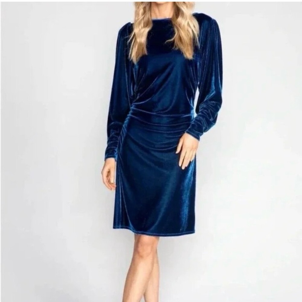 S'Edge Blue Velvet Rothschild Dress Size S Ruched Long Sleeve NWT